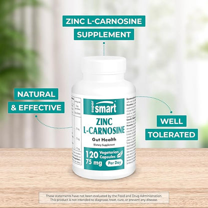 SuperSmart Zinc L-Carnosine 75mg per Day (Well-Tolerated) - Zinc Carnosine Supplement | Non-GMO & Gluten Free - 120 Vegetarian Capsules