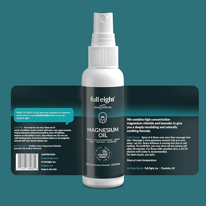 Pure Magnesium Oil Spray Bottle with Lavender - Topical Magnesium Body Spray for Feet, Muscle Pain, Leg Cramps & Sleep, Fast Absorption Natural & Organic - Made in USA, 8oz