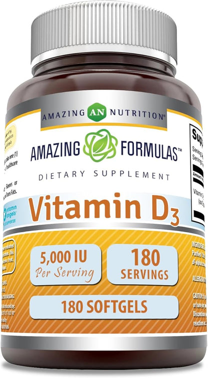 Amazing Formulas Vitamin D3 (Cholecalciferol) Supplement | 5000 IU per Serving | 180 Softgels | Non-GMO | Gluten-Free | Made in USA