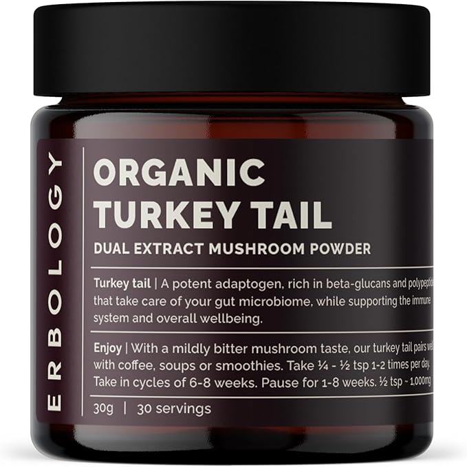 Erbology Organic Turkey Tail Dual Extract Powder 30 Servings - Prebiotic and Gut Nourishing - Trametes Versicolor - Sustainably Grown in Europe - Vegan - Non-GMO - No Added Fillers