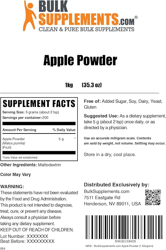 BulkSupplements.com Apple Powder - Apple Fruit Powder, Superfood for Digestive Support - Natural & Gluten Free, 5g per Serving, 1kg (2.2 lbs) (Pack of 1)