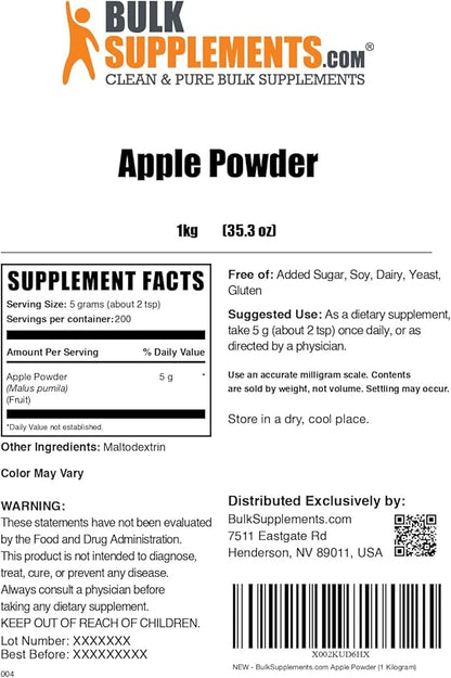 BulkSupplements.com Apple Powder - Apple Fruit Powder, Superfood for Digestive Support - Natural & Gluten Free, 5g per Serving, 1kg (2.2 lbs) (Pack of 1)