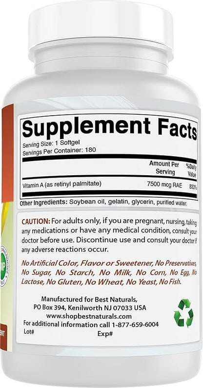 Best Naturals Vitamin A 25000 IU (7500 mcg), Non-GMO Formula Supports Healthy Vision & Immune System and Healthy Growth & Reproduction, 180 Softgels (180 Count (Pack of 1))