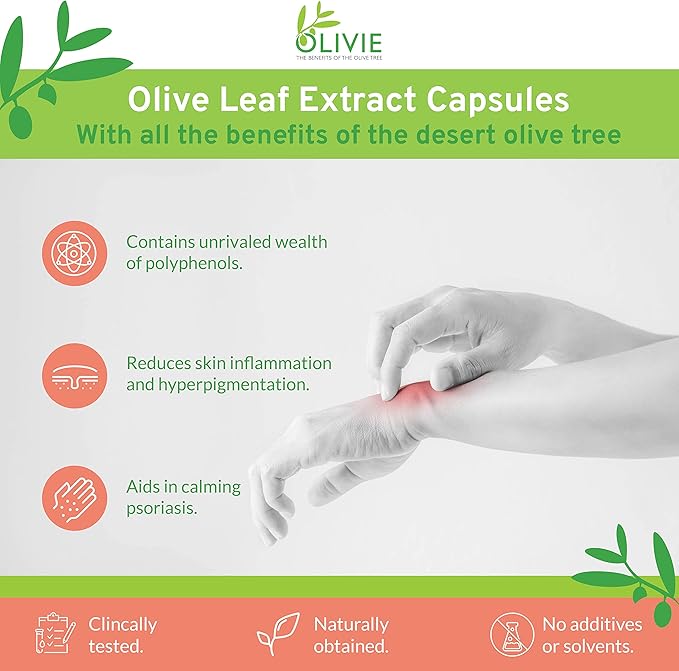 Organic Olive Leaf Extract Supplement for Women and Men by OLIVIE | DermaPsoria Supplement for Psoriasis, Eczema, Hyperpigmentation | Olive Oil Capsules | Antioxidant Polyphenols | 80 Vegetal Capsules
