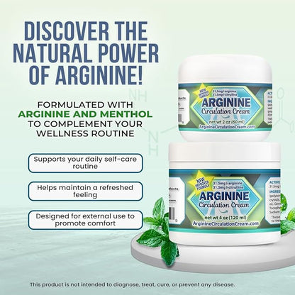 Arginine Circulation Cream 2 oz - Menthol, L Arginine & L Citrulline Lotion - Supports Healthy Leg & Body Blood Flow - Whole Family Products