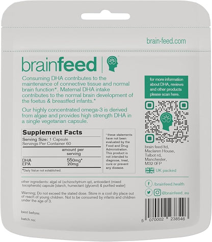 DHA Supplements (60) | Double Concentrate Omega 3 DHA 500mg PER Capsule - 1 a day | Brain & Eye Health Support | Vegan DHA - Omega 3 Algae Oil | DHA 1000mg x 2 Capsules | 2 Month Supply | Sustainable