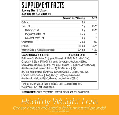 NDS Nutrition Censor - Fat Loss and Body Toner with CLA, Fish Oil, Safflower and Omega 3-6-9 Blend - Dietary Supplement for Improved Energy, Metabolism and Health - 180 Softgels