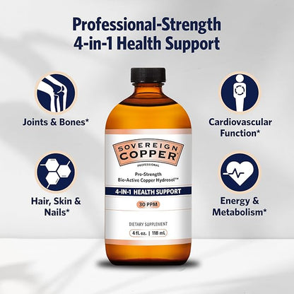 Sovereign Copper Pro-Strength Copper-Hydrosol, Bio-Active Liquid Copper Supplements for 4-in-1 Health Support, 4 fl oz
