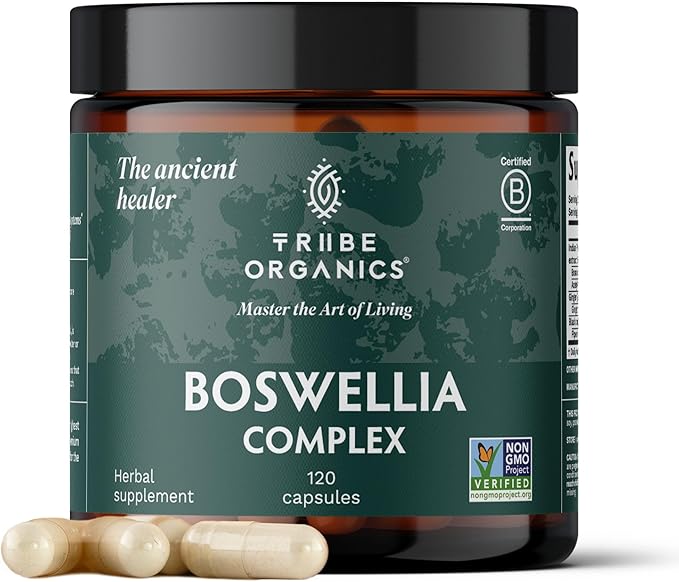 TRIBE ORGANICS Boswellia Serrata Complex Supplement for Joint Support, Muscle Relief - Vegetarian Non-GMO 120 Capsules, High Potency - Boswellin Super with Ginger Extract & Black Pepper - 420mg