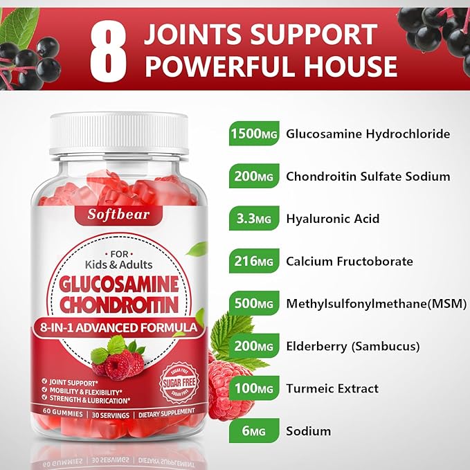 softbear Glucosamine Chondroitin Gummies Sugar Free, Extra Strength Glucosamine Chondroitin Supplement for Natural Joint Support, Raspberry Flavored 120 Count