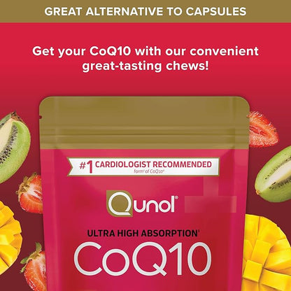 Qunol CoQ10 200mg Soft Chews, Extra Strength & Ultra High Absorption Coenzyme Q10 Supplement, #1 Cardiologist Recommended Supplement for Heart Health, 90 Count