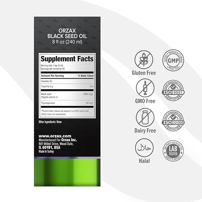ORZAX Black Seed Oil Liquid (8 fl oz) - Cold Pressed 100% Pure | Vegan, Gluten Free, Non-GMO – Rich in Thymoquinone & Omega 3 6 9 | Nigella Sativa Black Cumin Essential Oil in Glass Bottle