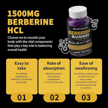 Berberine Gummies with Ceylon Cinnamon 1500mg High Potency Berberine HCL Supplement for Immune and Metabolism Support, Sugar Free Organic Berberine Gummies Blueberry Flavor-2PACK