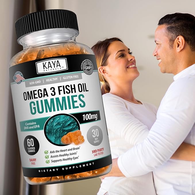 Kaya Naturals Omega 3 Fish Oil Gummies -Fish Oil Supplement with EPA & DHA Fatty Acids - Helps Support Brain, Eye, Heart Health & Immune Support - Non-GMO - 60 Count