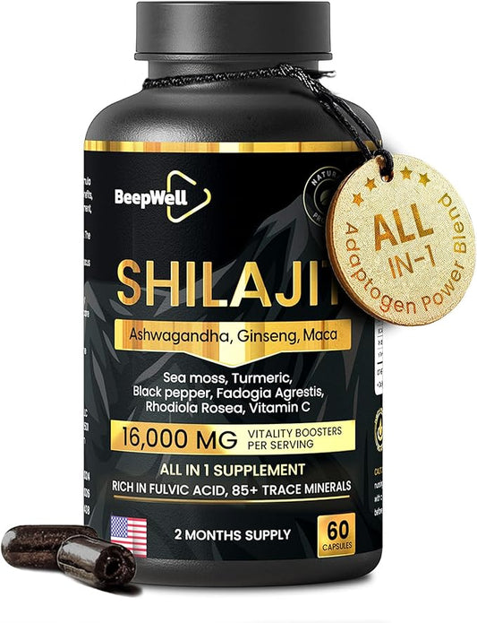 Shilajit Capsules for Men & Women, 16,000mg Pure Himalayan Organic Shilajit Supports Vitality and Wellness,Premium Pure Himalayan Supplement 2 Months Supply, 60 Capsules