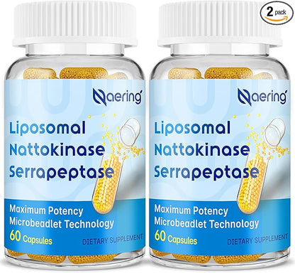 Liposomal Nattokinase 12,000 FU Serrapeptase 360,000 SPU Enzyme Supplement - Enriched with Synergistic Enzymes and Nutrient Blend & Inulin for Circulatory, Gut, Digestion 60 Capsules (2 Bottle)