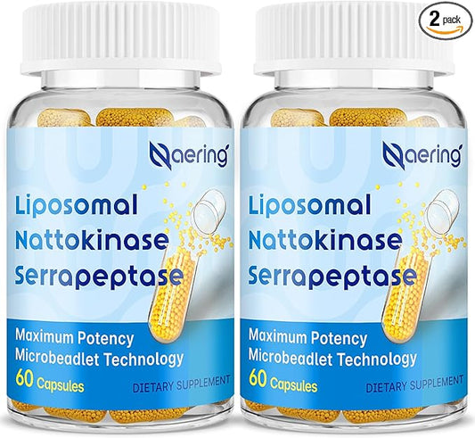 Liposomal Nattokinase 12,000 FU Serrapeptase 360,000 SPU Enzyme Supplement - Enriched with Synergistic Enzymes and Nutrient Blend & Inulin for Circulatory, Gut, Digestion 60 Capsules (2 Bottle)