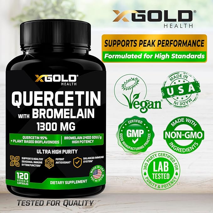 Quercetin + Bromelain 1,300mg – Quercetin: 95% - Highly Purified and Highly Bioavailable Plus Bromelain 2,400 GDU/g - Made in USA | 120 Caps