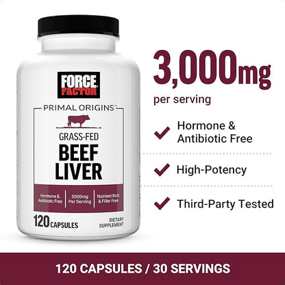FORCE FACTOR Primal Origins Beef Liver Capsules, Grass Fed Beef Organ Supplement, Pasture-Raised, Hormone & Antibiotic Free, Non-GMO, 120 Capsules