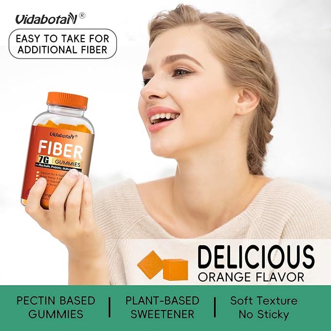Sugar Free Prebiotic Fiber Gummies for Adult-7G Fiber–Fiber Supplement with Inulin, Probiotic, Vitamins for Digestive & Gut Health and Regularity Support, Orange Flavor, 180 Gummies(Pack of 2)