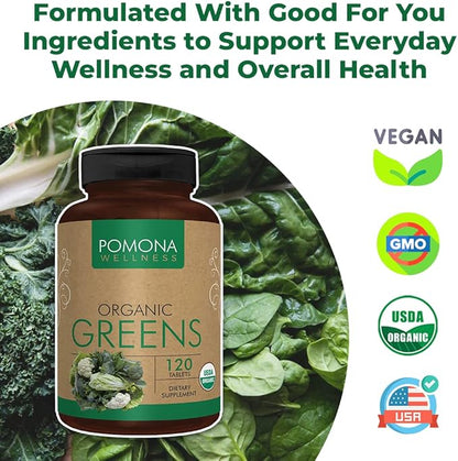 Pomona Wellness Super Greens Supplement, Full of Superfood Vitamins & Minerals, Fruits & Vegetable, Greens Powder for Bloating and Digestion, Gut Health, USDA Organic, Non-GMO, 240 Tablets (2 Pack)