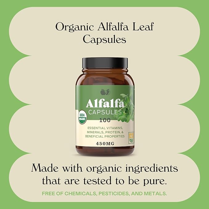 Complete Natural Products Pure Alfalfa Leaf - 100 Capsules - 630mg of Pure Dried Organic Alfalfa Leaf Powder in Veggie Capsules