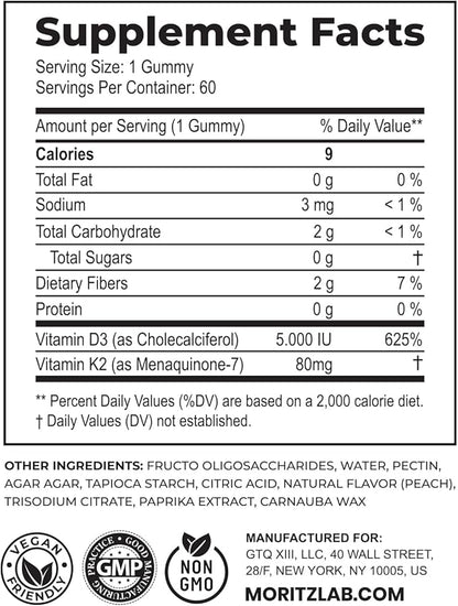 DR. MORITZ Vitamin D3 Gummies (5000 IU) with K2 - for Adults and Kids - Vitamin D3 K2 Gummies for Immune Support & Bone Health - Vegan, Sugar Free, Gluten Free (120 Count)