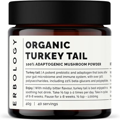 Erbology Organic Turkey Tail Mushroom Powder 40 Servings - 22% Beta-glucans - Prebiotic and Gut Nourishing - Trametes Versicolor - Small Batch - Sustainably Grown in Europe - Vegan - Non-GMO