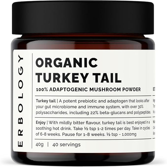 Erbology Organic Turkey Tail Mushroom Powder 40 Servings - 22% Beta-glucans - Prebiotic and Gut Nourishing - Trametes Versicolor - Small Batch - Sustainably Grown in Europe - Vegan - Non-GMO