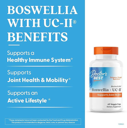 Doctor's Best BioAvailable Boswellia + UC-II, Supports Joint Health, Non-GMO, Gluten Free, Soy Free 60 Veggie Caps