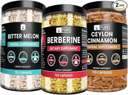 Pure Original Ingredients Berberine, Bitter Melon, and Ceylon Cinnamon Capsules Bundle (730 Capsules) No Magnesium or Rice Fillers