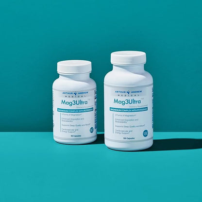 Arthur Andrew Medical, Mag3Ultra Triple Magnesium Supplement, Sucrosomial, Bisglycinate, Taurate for Muscle, Stress, Mood, Nerve, Bone & Heart Support, 90 Capsules