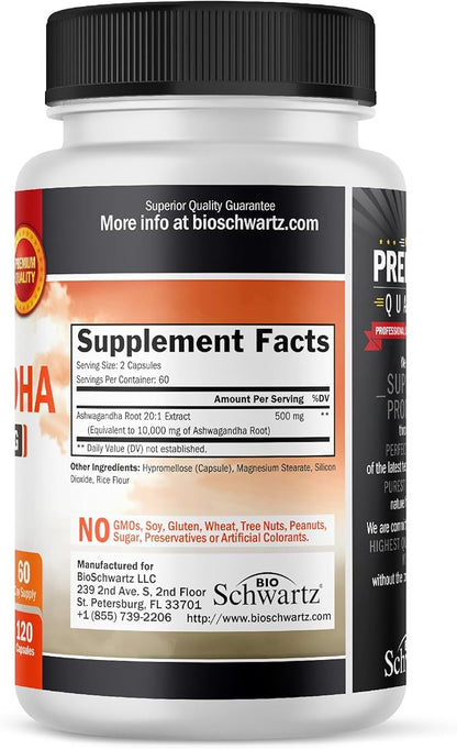 BioSchwartz Ashwagandha Supplements - Extra Strength Ashwagandha Capsules 500mg Per Serving - Gluten Free, Non-GMO, Made in The USA with Globally Sourced Ingredients, 60 Servings (120 Count)