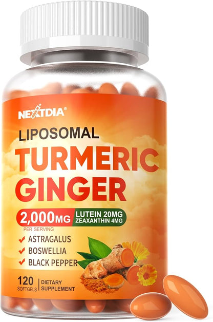 Liposomal Turmeric and Ginger Supplement 2000mg with Lutein 20mg Zeaxanthin for Women Men, Organic Turmeric Curcumin Complex Supplement for Eye, Digestive & Immune Support, Non-GMO, 120 Softgel Pills