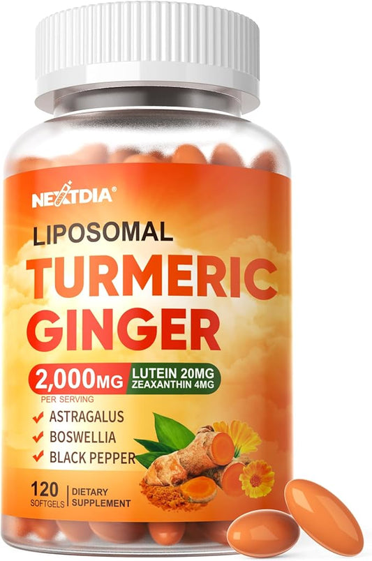Liposomal Turmeric and Ginger Supplement 2000mg with Lutein 20mg Zeaxanthin for Women Men, Organic Turmeric Curcumin Complex Supplement for Eye, Digestive & Immune Support, Non-GMO, 120 Softgel Pills
