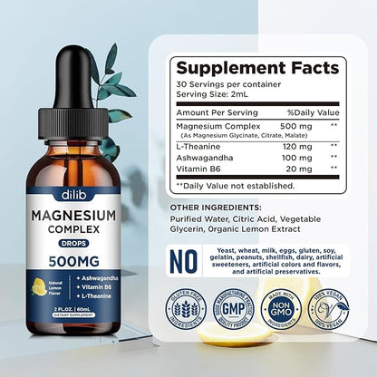 (2 Pack) Magnesium Glycinate, Citrate, Malate Liquid Drops-Triple Magnesium Complex Supplement 500mg with Ashwagandha, L-Theanine, Vitamin B6-Support Calm, Stress Relief, Sleep, Muscle-Lemon Flavor