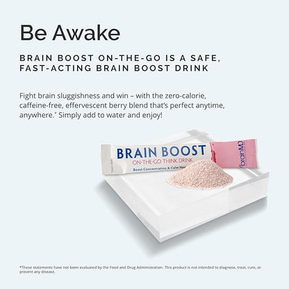 BRAINMD Dr Amen Brain Boost On The Go - 10 Packets, Berry Flavor - Nootropic Drink Powder, Promotes Focus, Clarity & Mental Energy - Caffeine Free, Gluten Free - 10 Servings