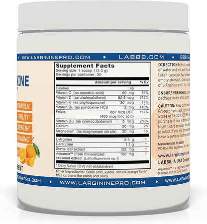 L-ARGININE PRO | 5,500mg L-Arginine Plus L-Citrulline 1,100mg Raspberry & Orange Powder Drink Mix Supplement for Increased Nitric Oxide Production