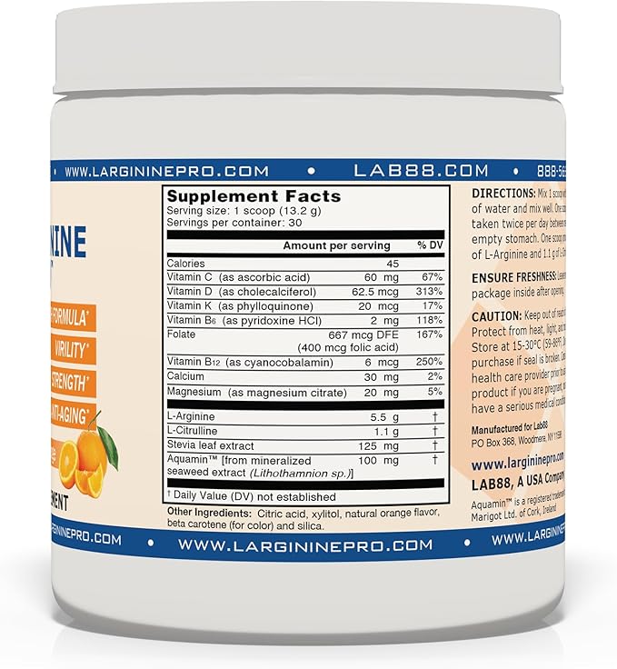 L-Arginine PRO | 5,500mg L-Arginine Plus L-Citrulline 1,100mg Orange Powder Drink Mix Supplement for Increased Nitric Oxide Production