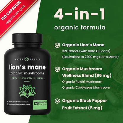 NutraChamps Organic Lions Mane Mushroom Supplement (2 Month Supply - 120 Count) Mental Clarity, Memory & Focus Supplement, Supports Immune System & Brain Health