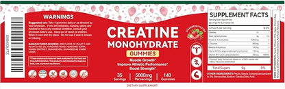 Creatine Monohydrate Gummies for Men & Women, 140 Gummies, Strength and Endurance Enhancing Creatine Gummies, Gluten Free, Sugar Free, Strawberry Flavor