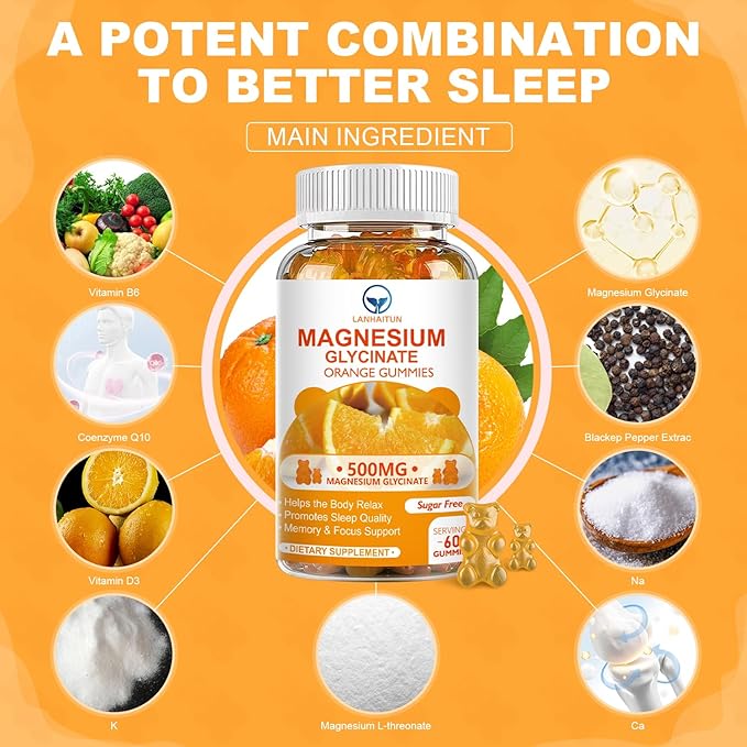 Magnesium Glycinate 500mg Gummies with 100mg Magnesium L-Threonate for Adult Kids,Magnesium Gummies Sugar Free Magnesium Potassium Supplement with Vitamin D,B6,CoQ10 (60 Pack, Orange)
