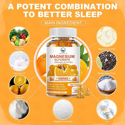 Magnesium Glycinate 500mg Gummies with 100mg Magnesium L-Threonate for Adult Kids,Magnesium Gummies Sugar Free Magnesium Potassium Supplement with Vitamin D,B6,CoQ10 (60 Pack, Orange)