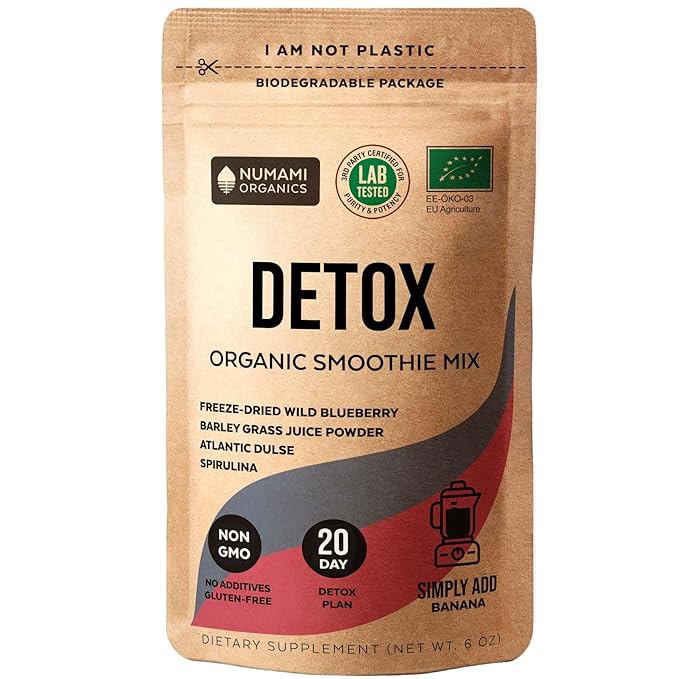 Numami Organic Detox Blueberry Smoothie Powder with Healthy Spirulina, Atlantic Dulse and Barley Grass Juice Powder, Premium Quality superfood from Europe