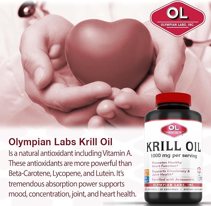 Olympian Labs Antarctic Krill Oil, 1000mg Caps with Astaxanthin, Omega-3, EPA, DHA, Immune, Joint & Brain Support, 60 Softgels