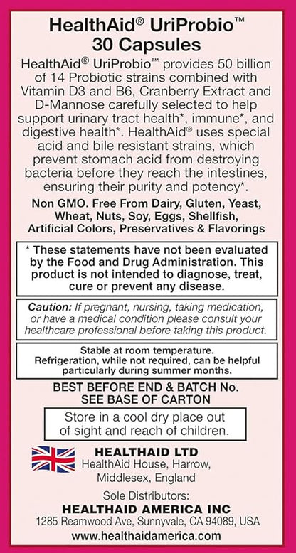 UriProbio, 30 CT, Once Daily, Women's Probiotic Supplement, 50 Billion CFU Plus Prebiotic, Supports a Healthy Urinary Tract with Vitamin D3, B6, Cranberry & D-Mannose, Vegetarian