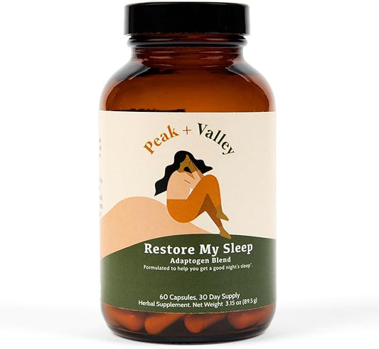 Peak + Valley Natural Sleep Aid for Adults - 60 Capsules for Deep Sleep - 3 mg Melatonin, L Theanine, Chamomile, Ashwagandha - Natural Herbal Sleeping Pills - Extra Strength Calming Sleep Aid
