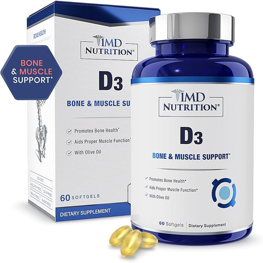 1MD Nutrition Vitamin D3 5000 IU Softgels | Bone Health, Muscle Function, & Immune Support | Wheat Free and Non-GMO with Olive Oil | 2-Month Supply