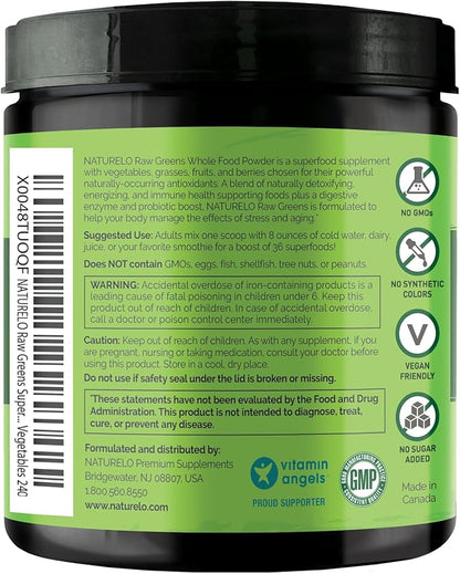 NATURELO Raw Greens Superfood Powder - Mixed Berry - Boost Energy, Detox, Enhance Health - Organic Spirulina - Wheat Grass - Whole Food Nutrition from Fruits & Vegetables - 240 Grams