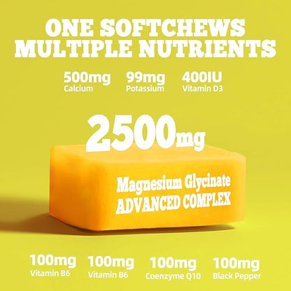 Magnesium Glycinate Soft Chews, Pineapple Flavor.Chewable Sugar Free Potassium Magnesium Chews with Magnesium Glycinate, Vitamin D, B6, and CoQ10 for Calm Support & Sleep for Adults, 60 Days Supply
